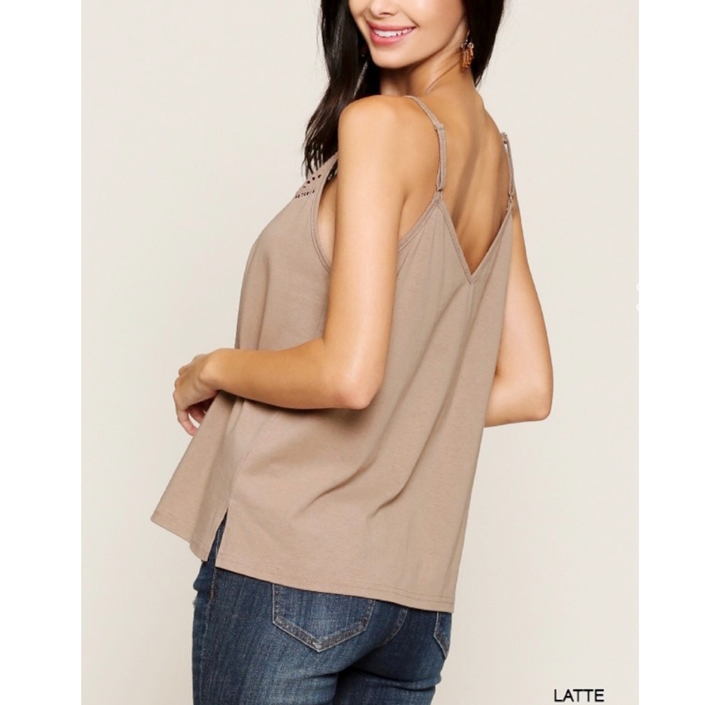 GIGIO Boho Chic Latte Mixed Eyelet Cami Top - Picture 3 of 6